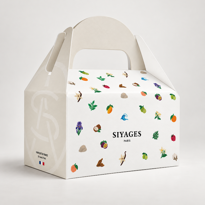 Coffret cadeau Siyages, élégant coffret de produits de beauté ou soins, présenté dans une boîte raffinée.