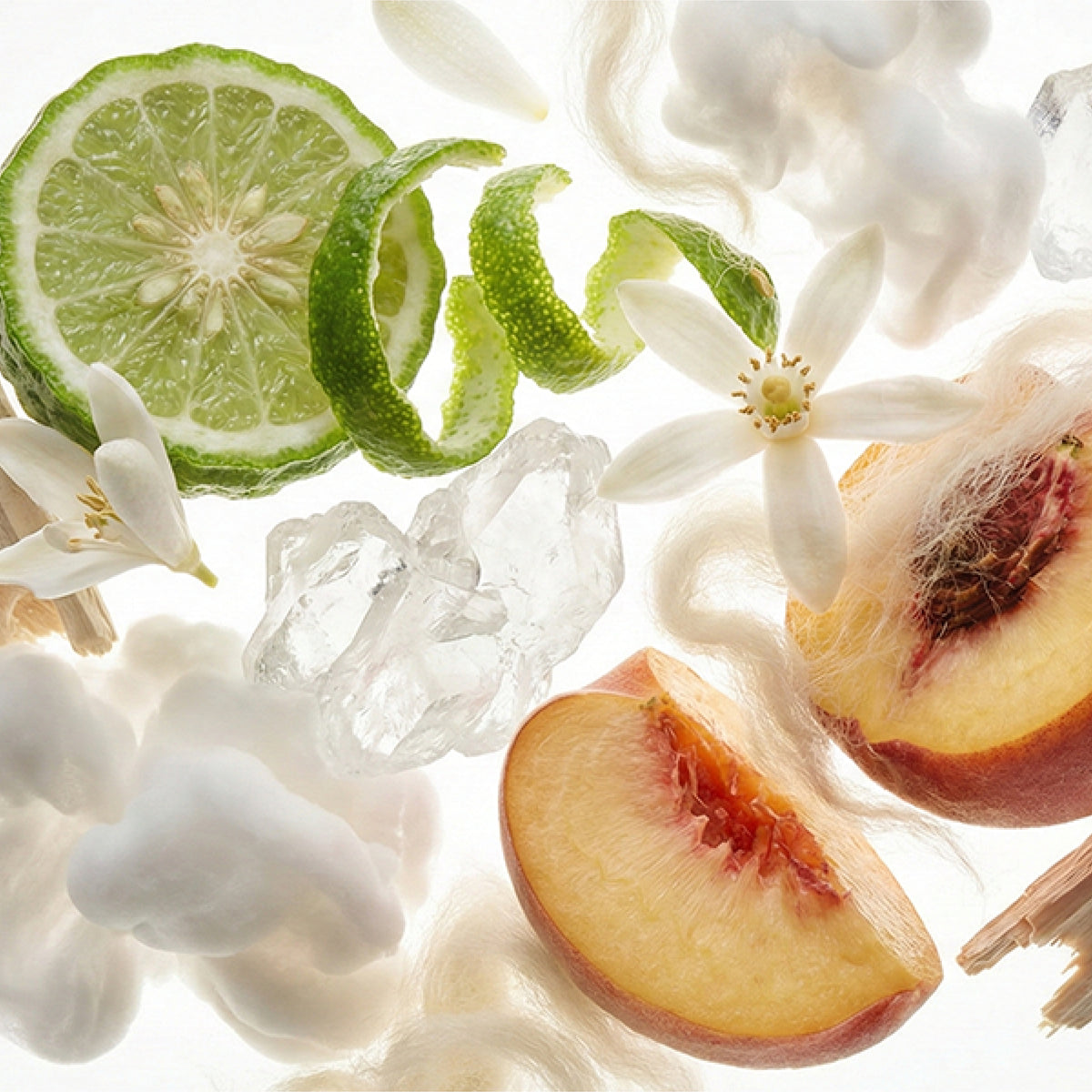 Composition arômatique du parfum Muscs Blancs Siyages avec bergamote, fleurs blanches, pêche et coton