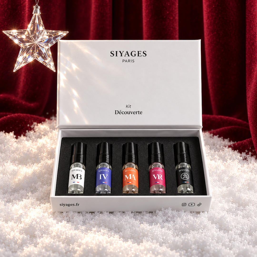 Kit découverte Siyages présenté dans un coffret, avec une sélection de produits de soins.